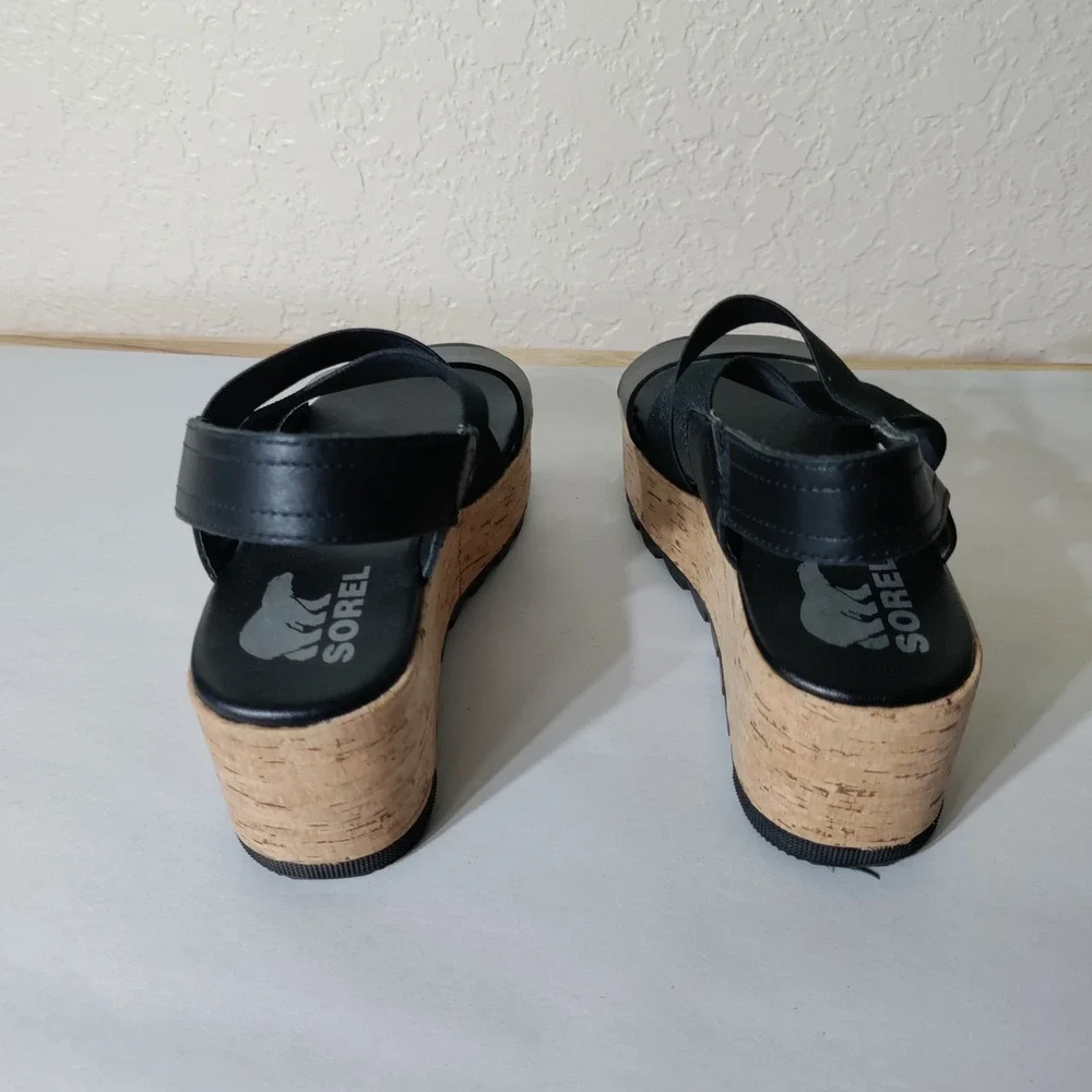Sorel Cameron Flatform Sandals Black Leather Cork Wedge NL3998-010 Womens 6.5